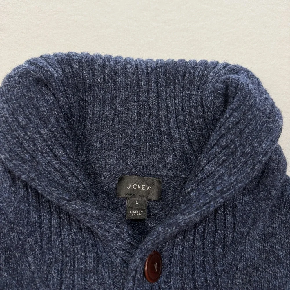 J.CREW Men's Blue Cardigan Sweater Large 100% Lambs Wool Shawl‎ Collar